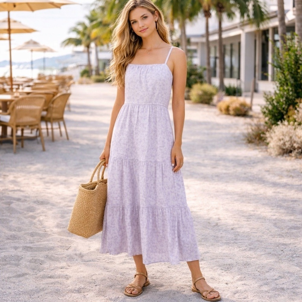 Peony Tiered Maxi Sundress Dress Lilac Floral Linen Strappy Back‎ Size 10